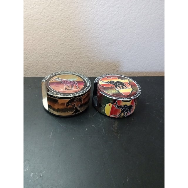 1980s Pair of Safari Theme Soapstone Coasters Set of 6 With Holder From Kenya For Sale - Image 4 of 5