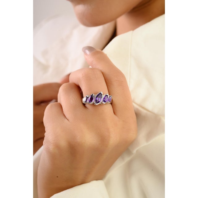 Lustrous Five-Stone Marquise Amethyst Sterling Silver Ring - Size 8 For Sale - Image 4 of 9