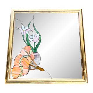 Postmodern Lily Flower Stained Glass Gold Frame Wall Mirror For Sale