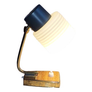 Mid-Century Brass and Teak Wood Table Lamp with White Glass Shade, Germany, 1960s For Sale