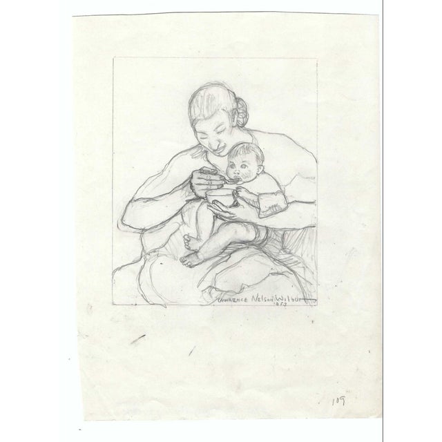 Mother feeding child drawing by New York / Massachusetts artist Lawrence Nelson Wilbur (1897-1988). Graphite on paper;...