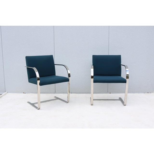 Metal Ludwig Mies Van Der Rohe Brno Flat Bar Chairs in Blue Fabric by Gordon, a Pair For Sale - Image 7 of 18