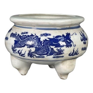 Vintage Blue & White Porcelain Tripod Censer – Dragon Motif, Qianlong Mark For Sale