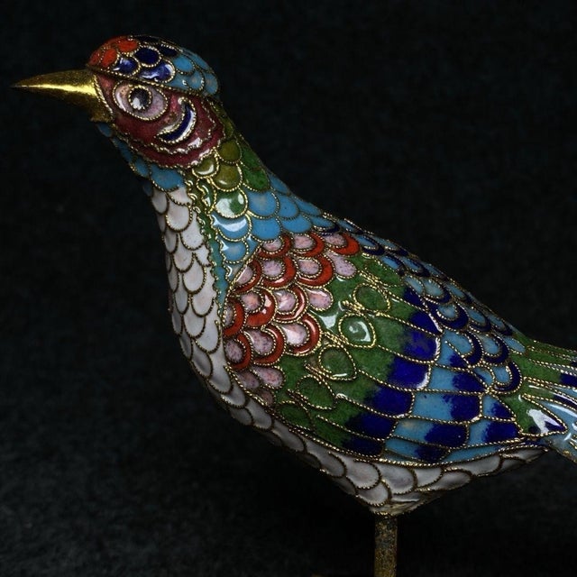 Pair of Cloisonne Enamel Pheasant Figures – 7.7" Golden Bird Sculptures on Stands For Sale In Los Angeles - Image 6 of 9