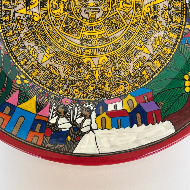 Great wedding gift!! Colorful hand-painted Mexican terracotta folk art wedding plate featuring a detailed village scene...