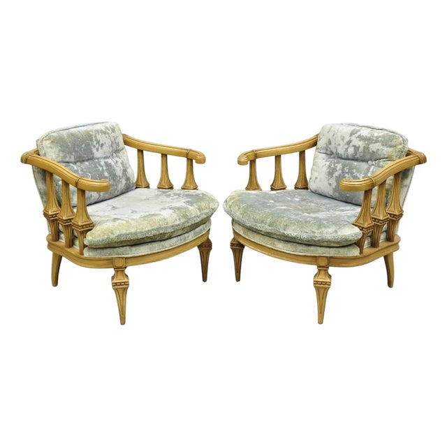 Vintage Hollywood Regency Low Barrel Back Cream Painted Club Lounge Chairs, Pair For Sale
