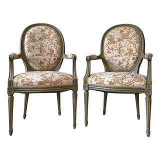 Pair of Vintage Louis XVI–Style Chinoiserie Armchairs For Sale