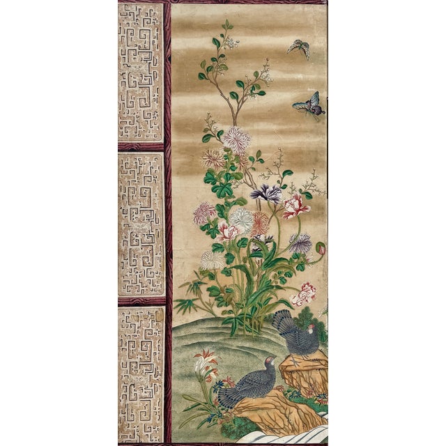Chinoiserie Chinese Export Six Panel Screen Circa 1920s, Hand-Painted Chinoiserie Garden With Birds For Sale - Image 3 of 16