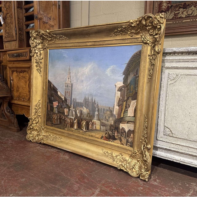 Rich in architectural detail and ceremonial atmosphere, this large antique oil painting depicts the Corpus Christi...