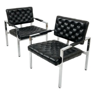 Vintage Milo Baughman for Thayer Coggin Chrome & Tufted Black Leather Armchairs - A Pair For Sale