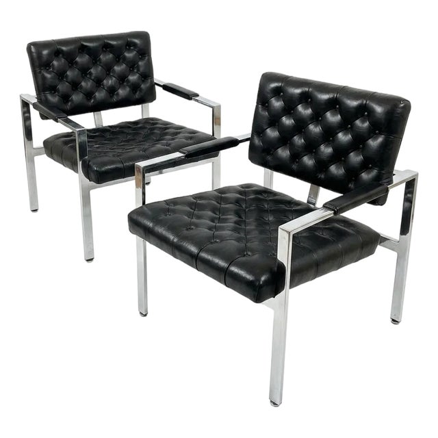 Vintage Milo Baughman for Thayer Coggin Chrome & Tufted Black Leather Armchairs - A Pair For Sale