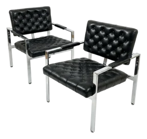 Vintage Milo Baughman for Thayer Coggin Chrome & Tufted Black Leather Armchairs - A Pair