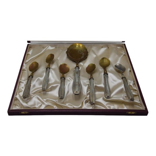 Antique Art Deco Ice Cream Set in Sterling Silver and Brass, Italy, Set of 7 For Sale