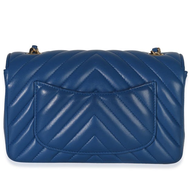 Chanel Blue Lambskin Chevron Mini Rectangular Flap Bag For Sale - Image 4 of 9