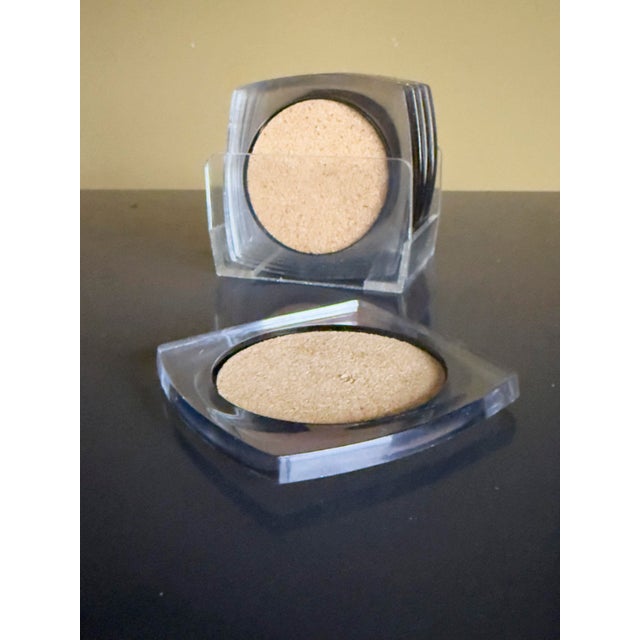 Mid-Century Modern Postmodern Lucite Coasters With Cork Centers and Caddy, Set of 8 For Sale - Image 3 of 5