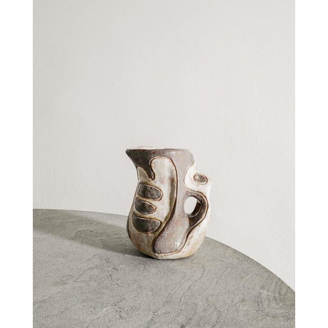 Rare and unique swedish mid century stoneware pitcher with a decorative hand painted brown and white glaze by hans hedberg...