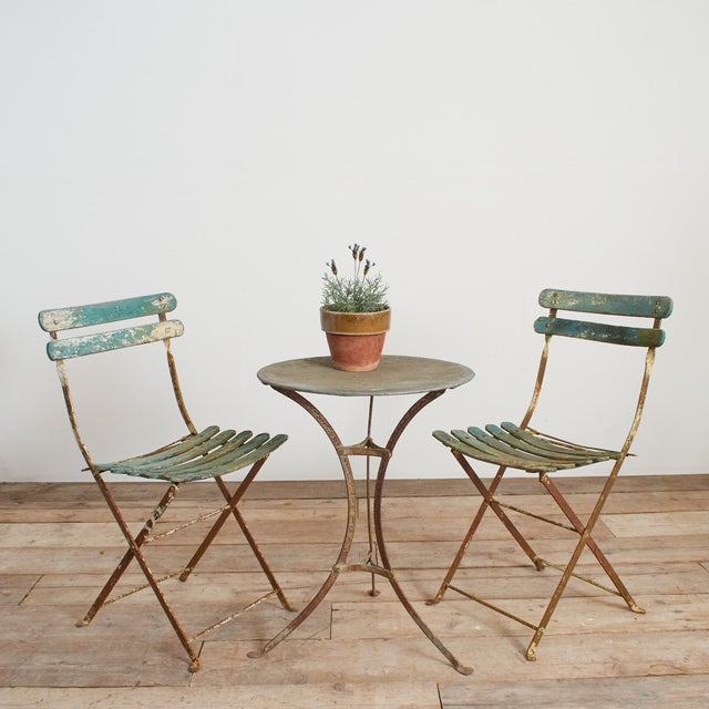 Antique French Folding Slatted Garden Bistro Chairs, 1920s, Set of 2 For Sale - Image 14 of 15