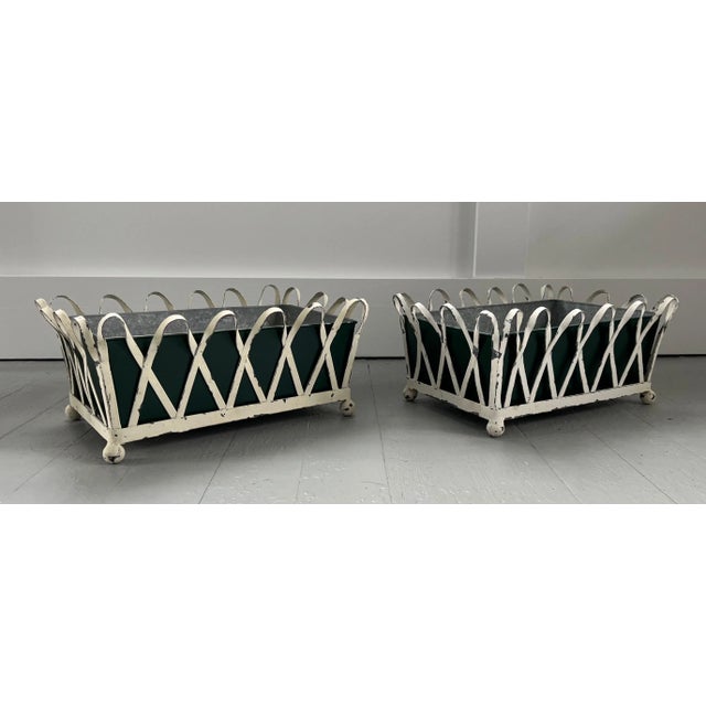 Green 1930's White Painted Zinc Cachepot Planters or Jardinieres With Green Tole Liners on Ball Feet - a Pair For Sale - Image 8 of 13