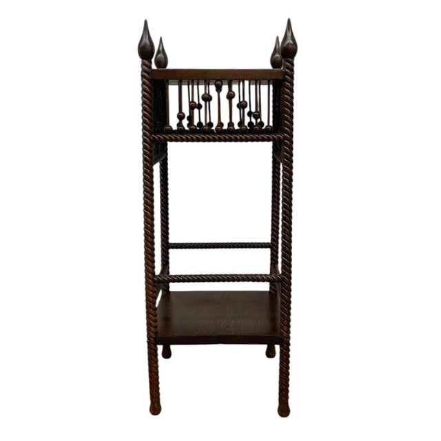 Mid-Century Modern Vintage Barley Twist Wood Plant Stand / Side Table With Turned Spindle Gallery and Finials For Sale - Image 3 of 10