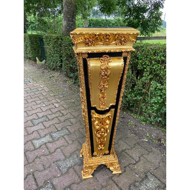 1980 French Louis XVI Gold Black Beech Marble Pedestals Pair For Sale - Image 12 of 16