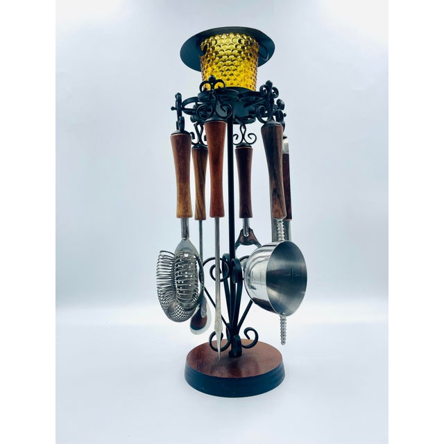 MidCentury Spanish Motif Hanging Wood & Filigree Bar Tool Set with