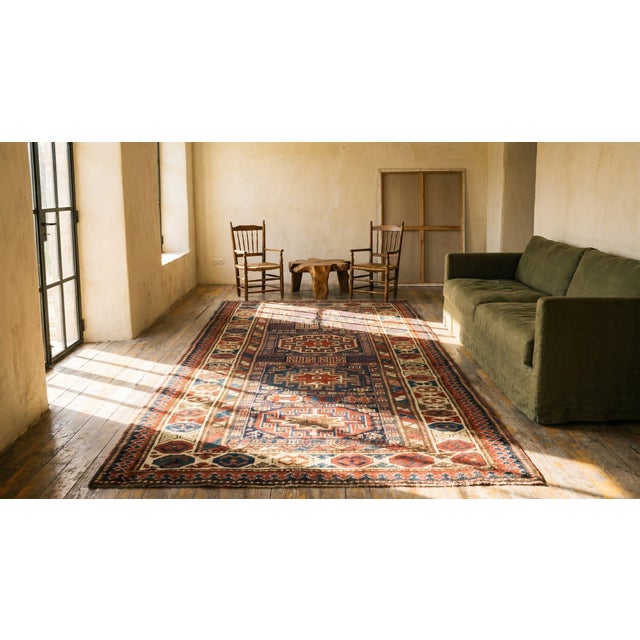 Late 19th Century 1890s Blue Navy Geometric Tribal Antique Caucasian Kazak Rug 4' X 10'5" Handknotted Wool Carpet For Sale - Image 5 of 7