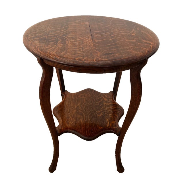 1920s Antique Round Table With Square Bottom Plant Book Shelf, Quarter Sawed Tiger Oak For Sale - Image 5 of 11