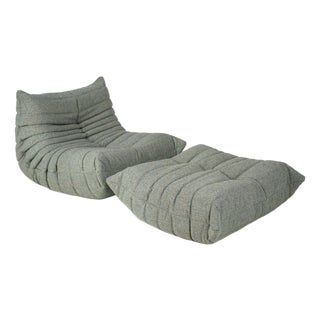 Togo Lounge Chair and Pouf in Melange Tweed Fabric by Michel Ducaroy for Ligne Roset, 1973, Set of 2 For Sale