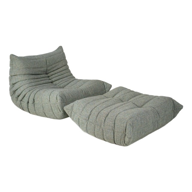 Togo Lounge Chair and Pouf in Melange Tweed Fabric by Michel Ducaroy for Ligne Roset, 1973, Set of 2 For Sale