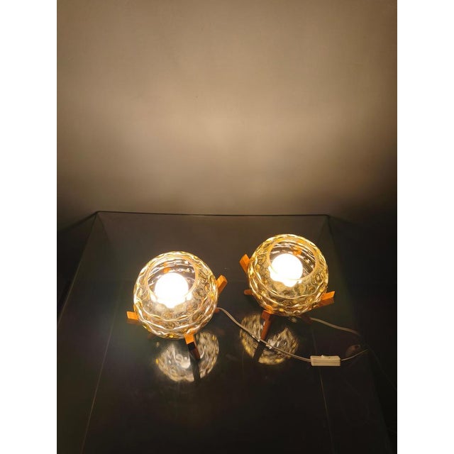 Mid-Century Wood and Yellow Glass Table Lamps, Czech, 1970s, Set of 2 For Sale - Image 10 of 11