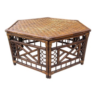 Brighton Style Rattan Bamboo Cane Chinese Chippendale Hexagonal Coffee Table For Sale