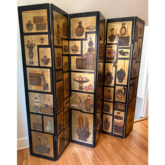 Maitland - Smith 1970s Chinese Six-Panel Carved Gold Lacquered Coromandel Screen For Sale - Image 4 of 12