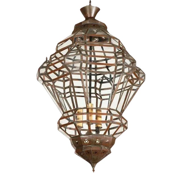 Vintage Moroccan Moorish Diamond-Form Clear Glass Pendant Lantern, 1980s For Sale