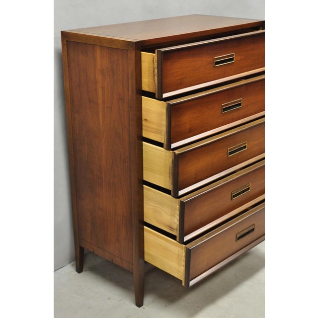 Vintage Drexel Mid Century Modern Walnut 5 Drawer Tall Chest Dresser Highboy For Sale - Image 15 of 18