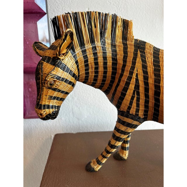 Chinoiserie Vintage Hand-Woven Wicker Zebra Sculpture With Glass Eyes For Sale - Image 3 of 6