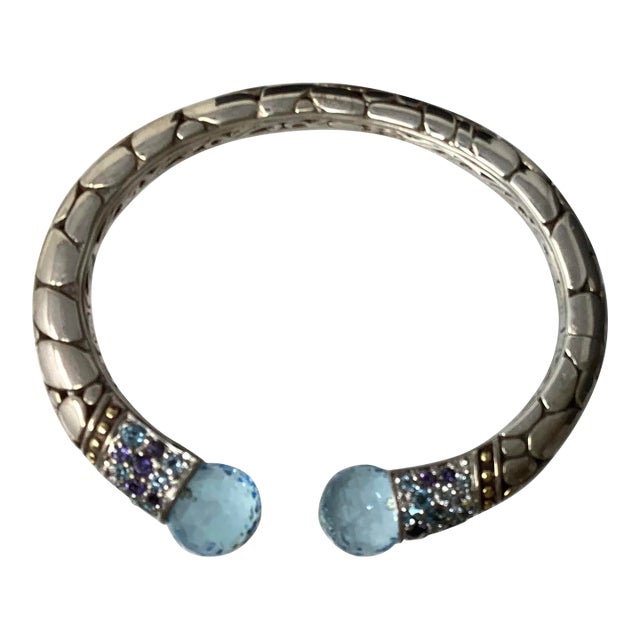 Mid 20th Century John Hardy Kali Collection Hinged Cuff. Sterling Silver W 18k Yellow Gold Dot Accents, Blue Topaz Terminals For Sale