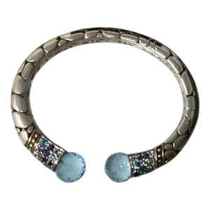 Mid 20th Century John Hardy Kali Collection Hinged Cuff. Sterling Silver W 18k Yellow Gold Dot Accents, Blue Topaz Terminals