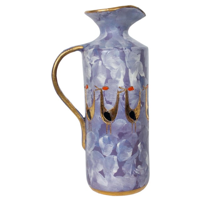 Aldo Londi for Bitossi Sgraffito Purple Pottery Pitcher with Gilt Birds. Featuring a layered glazed ceramic Pale Purple...
