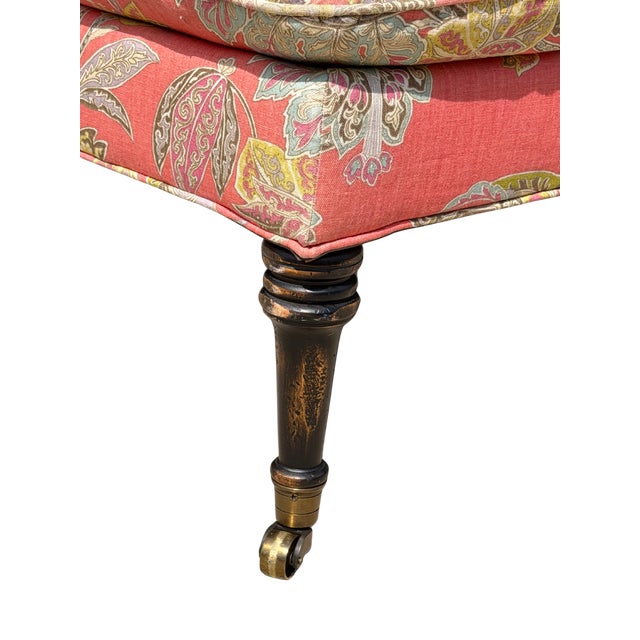 Custom Cr Laine Coral Botanical Cocktail Ottoman | Luxury Designer Upholstered Coffee Table Ottoman With Turned Wood Legs & Brass Casters For Sale - Image 9 of 11