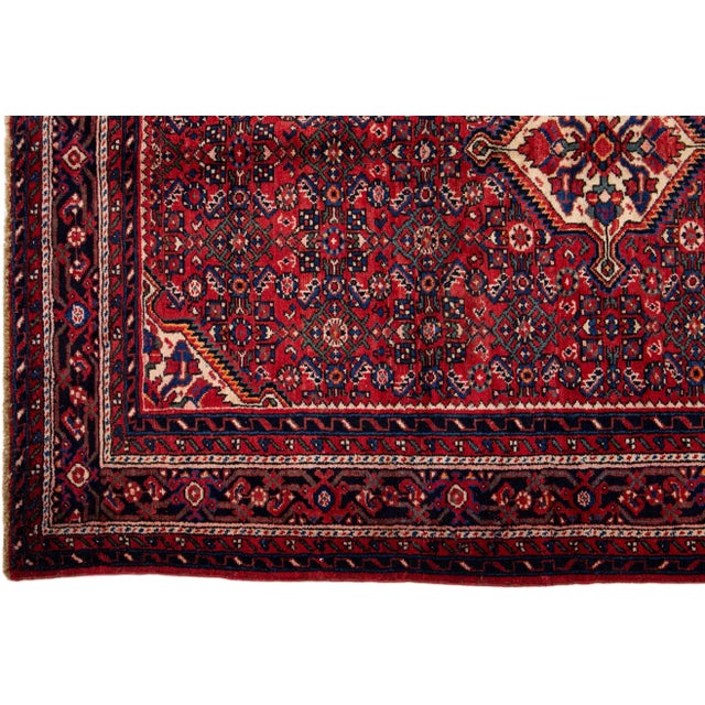 1960s Vintage Persian Hamadan Navy Blue Handmade Medallion Wool Rug For Sale - Image 4 of 7