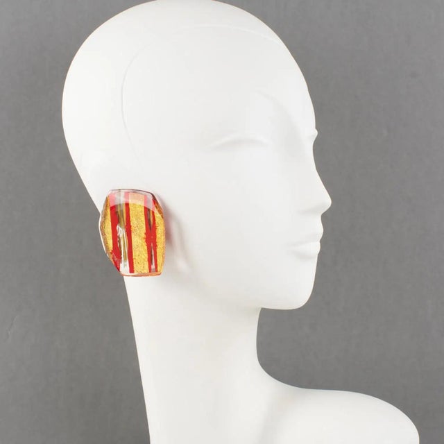Gold Anne and Frank Vigneri Red and Gold Foil Resin Clip Earrings For Sale - Image 8 of 8