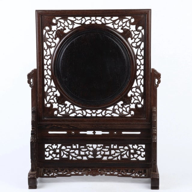Chinese Exquisite Chinese Antique Jade-Inlaid Wood Table Screen - Intricate Carved Dragon Pattern For Sale - Image 3 of 8