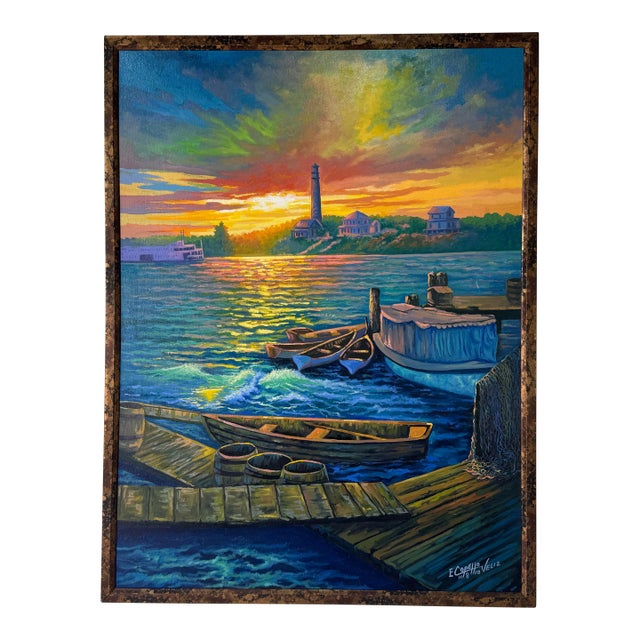 E. Copello Veliz Impressionist Coastal Lighthouse Sunset Landscape Oil on Canvas Painting For Sale