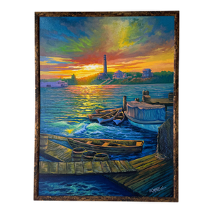 E. Copello Veliz Impressionist Coastal Lighthouse Sunset Landscape Oil on Canvas Painting