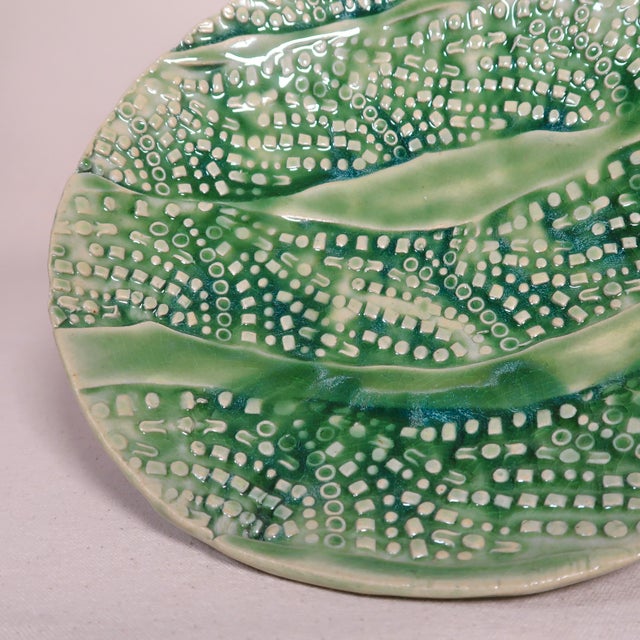 Late 20th Century Signed Wabi Sabi Studio Pottery Sculptural Green Abstract Pattern Textured Pedestal Bowl For Sale - Image 10 of 16