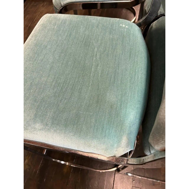 1980s Set of 6 Mid-Century Bar Stools With Aqua Mohair Upholstery and Chrome Bases For Sale - Image 9 of 14