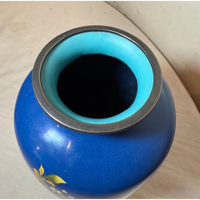 Fine Antique Sterling Silver Mounted Japanese Enameled Blue Cloisonne Vase For Sale - Image 13 of 15
