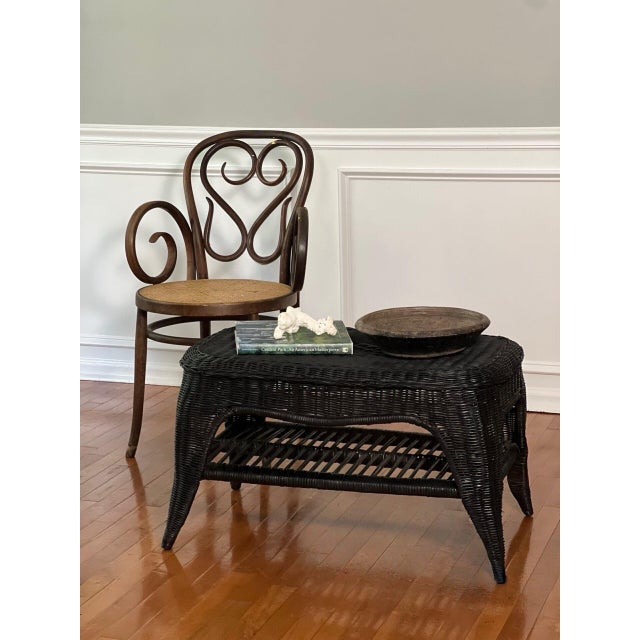 French Small Wicker Woven Coffee Table in Black With Lower Rattan Shelf, C. 1970 For Sale - Image 15 of 16