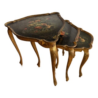 Trio of Antique Triangular Nesting Tables With Floral and Gilded Designs For Sale