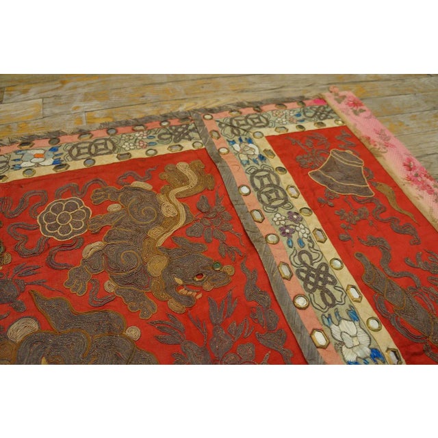 1920s Red Foo Dog Antique Chinese Silk Textiles Embroidery 3' X 3' Rug For Sale - Image 12 of 14